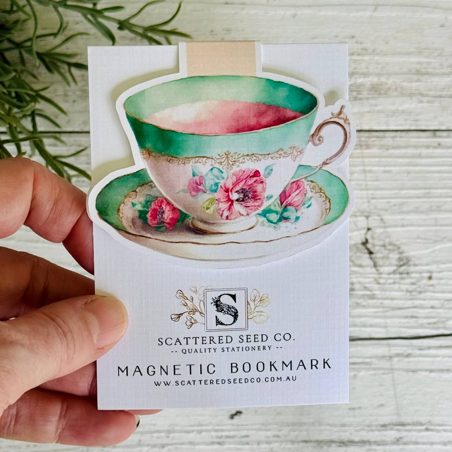 Aqua Pink Vintage Teacup Magnetic Bookmark
